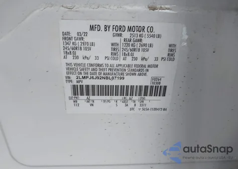 2022 Lincoln Nautilus Standard z USA, uszkodzony, nr VIN 2LMPJ6J92NBL07199